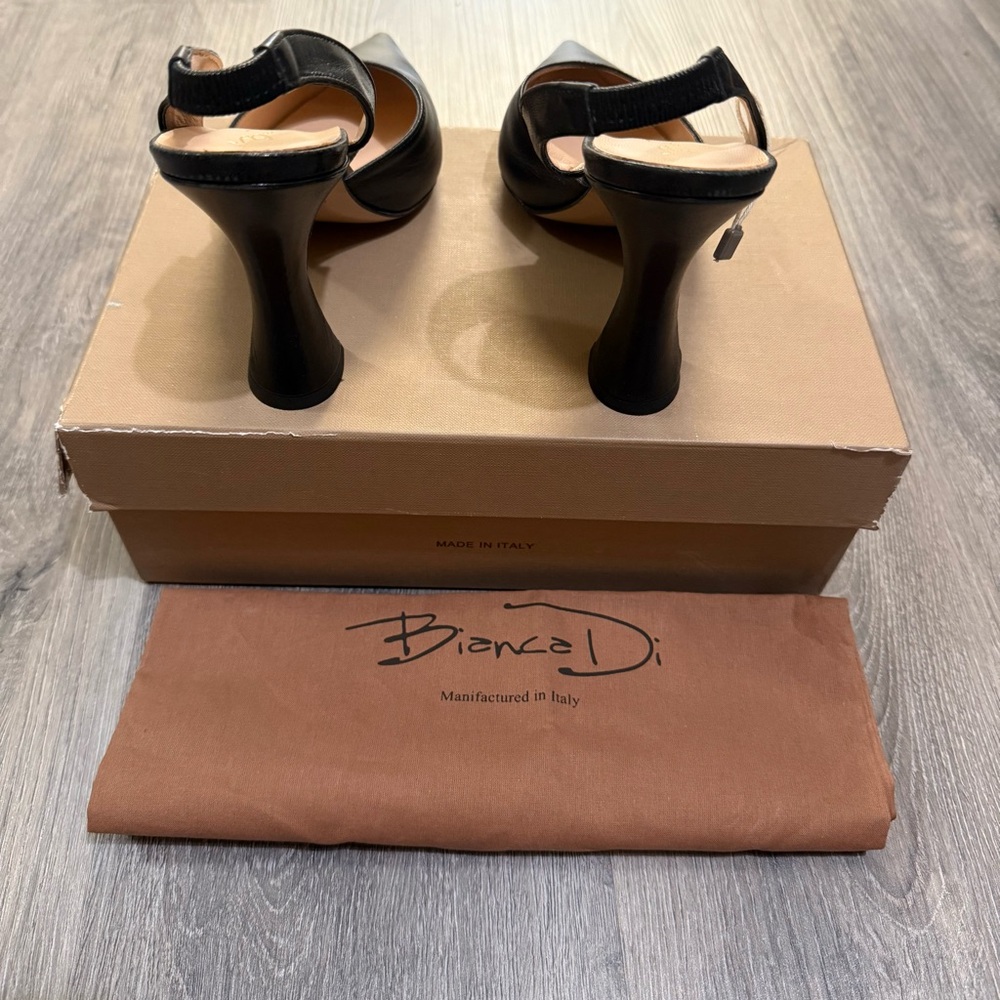 Black Leather Bianca Di Slingback High Heel Pumps Size 39 MADE IN ITALY BNIB - Picture 3 of 7